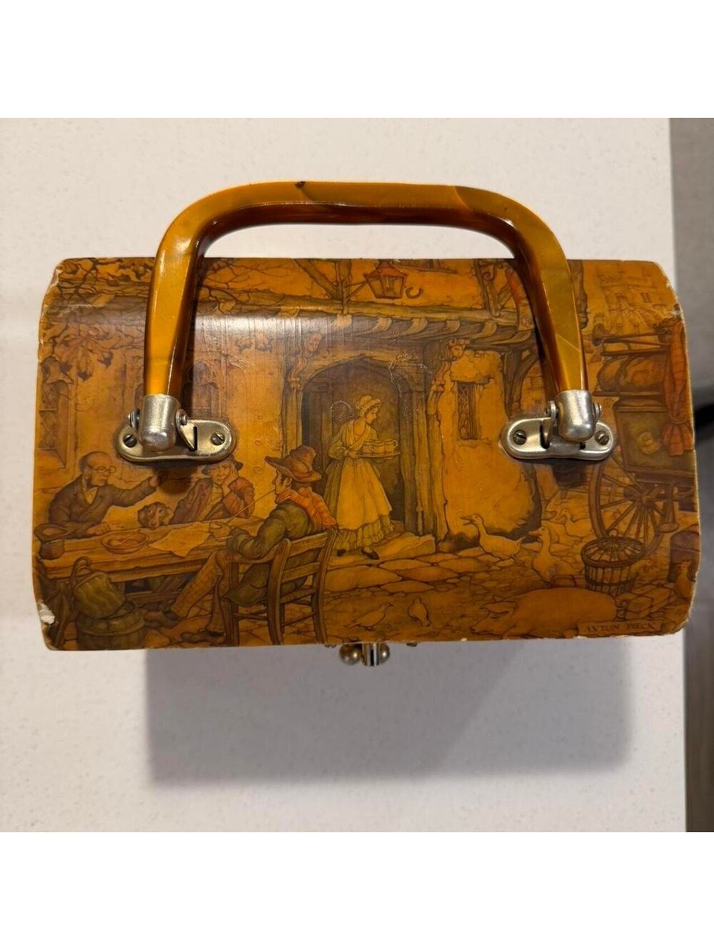 Vintage Leveys Hand-Painted Wooden Jewelry Box with Handle